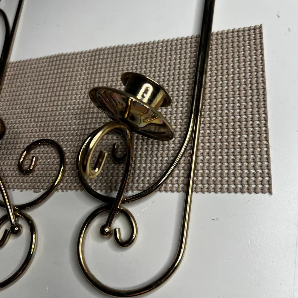 Vintage Gold Tone Metal Scroll Wall Sconce Pair Candle Holders Set of 2